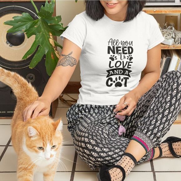 Graphic Print T-Shirt  All You Need is Love and a Cat for Cat Lovers Mom T-Shirt - Picture 4 of 10